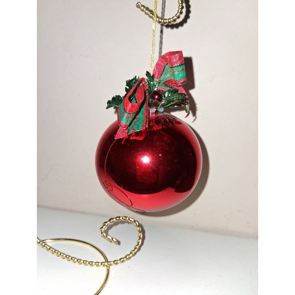 Vintage Germany Red Glass Christmas Ball Ornament Ribbon Greenery 3.25"